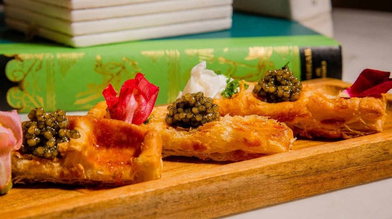 Golden puff pastry appetizers topped with caviar, sour cream, and rose petals on a wooden tray.