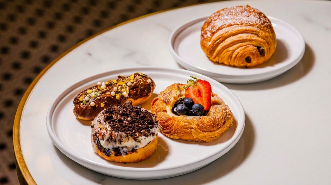 Two plates of pastries, including a chocolate croissant, fruit danish, eclair, and cookie crumble bun.