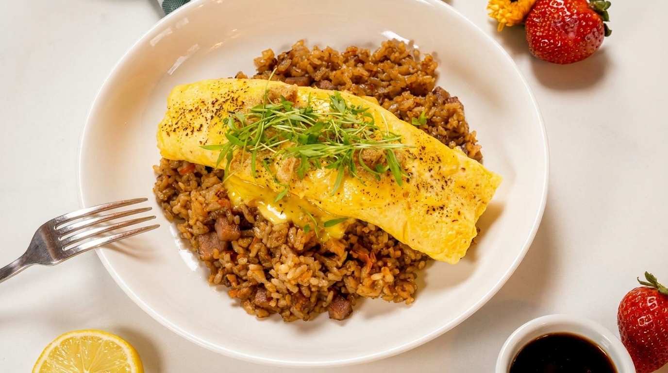 Savory omelet with microgreens and seasoning, served over fried rice with strawberries and lemon.