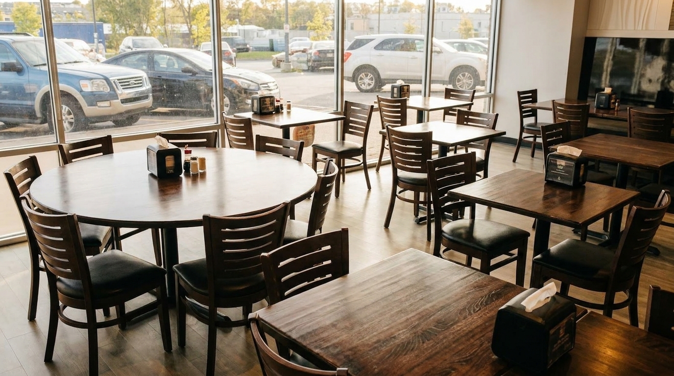 Empty restaurant dining room with dark wooden tables and chairs, and large windows overlooking a parking lot.