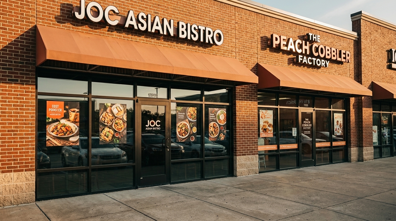 Exterior view of JOC Asian Bistro and The Peach Cobbler Factory storefronts with brick facade and awnings.
