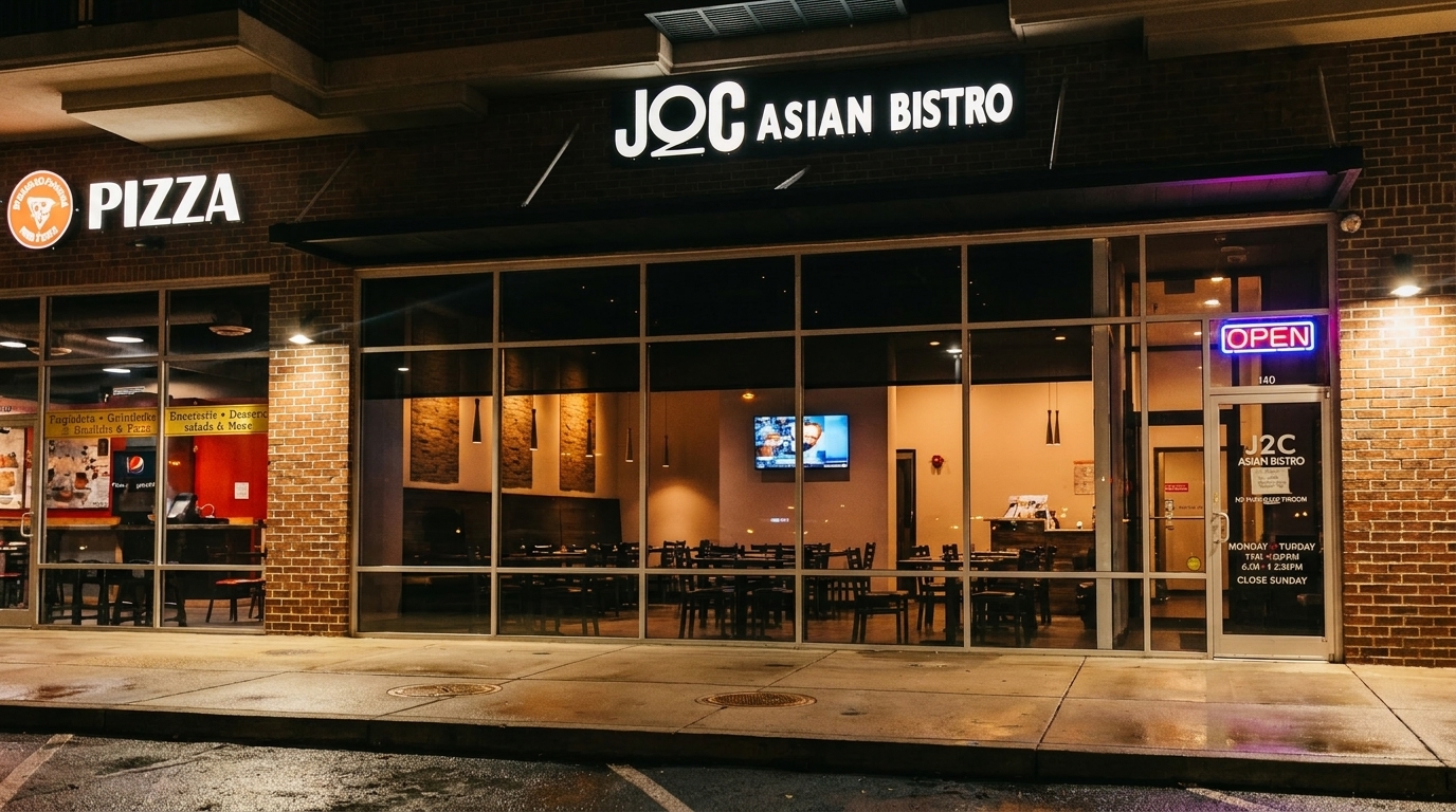 Exterior of JOC Asian Bistro at night, with an "OPEN" sign and visible dining room through large windows.
