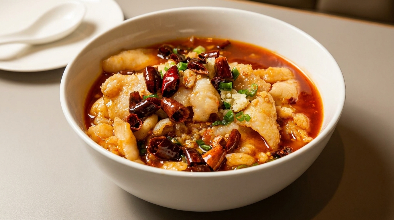 Spicy fish stew with red chili peppers, garlic, and green onions in a white bowl.