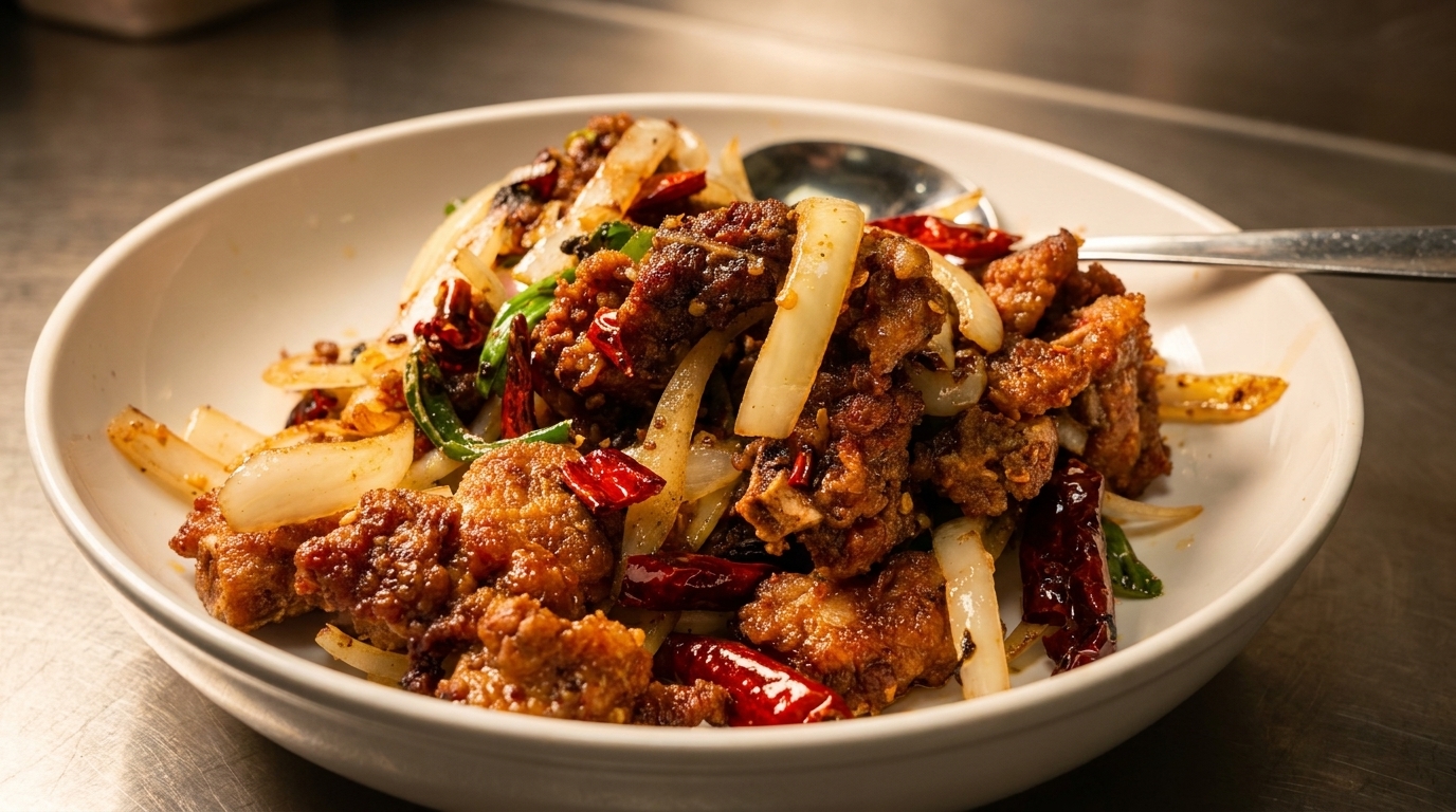Spicy fried chicken pieces with onions, green peppers, and red chilies in a white bowl.