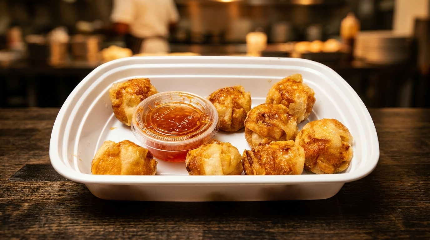 Fried dumplings and sweet chili sauce in a white takeout container on a wooden table.