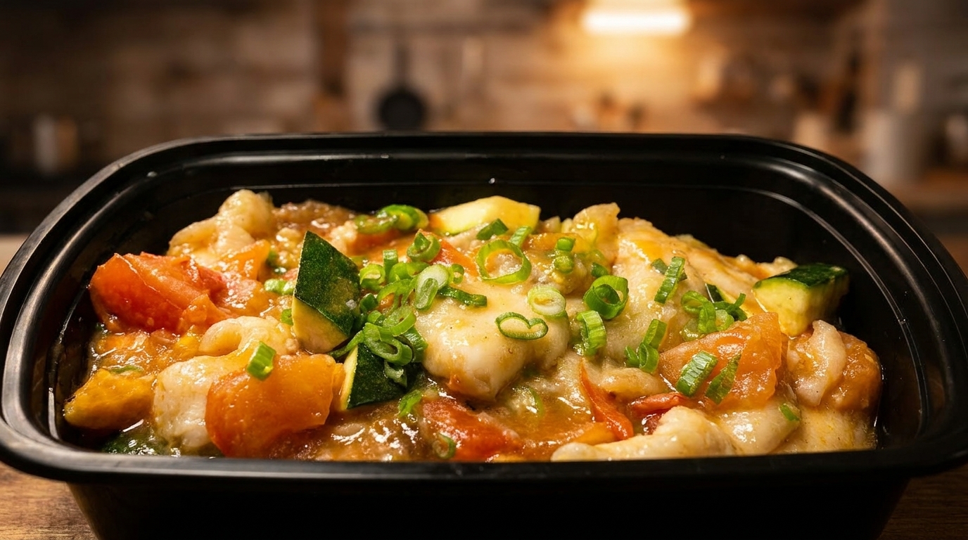 Close-up of a takeout container filled with chicken, zucchini, and tomatoes in a savory sauce.