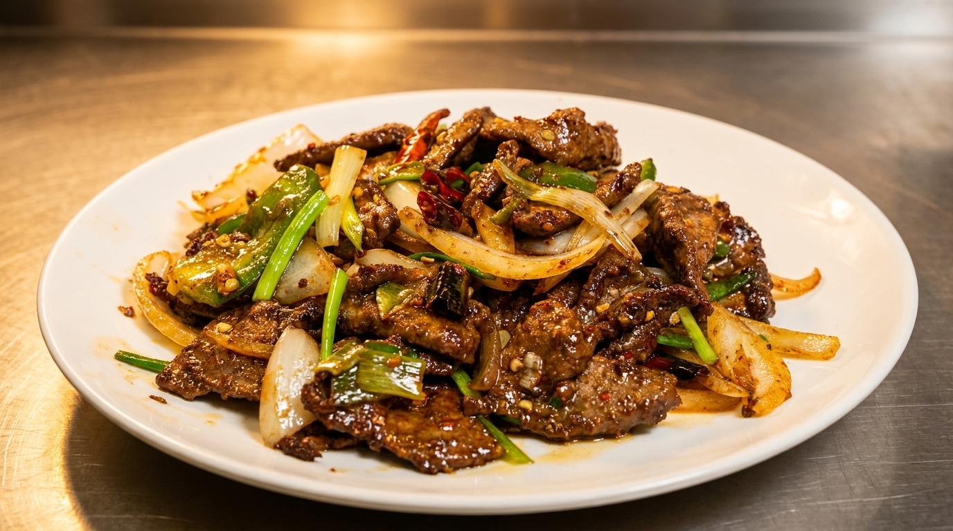 Spicy beef stir-fry with onions, green peppers, and chili flakes on a white plate.