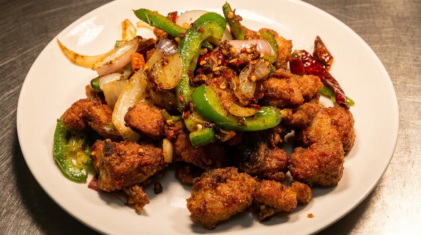 Crispy fried chicken pieces with green bell peppers, onions, and red chili flakes on a white plate.
