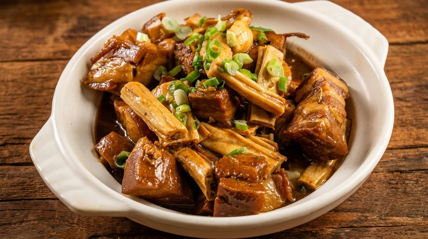 Braised pork belly with bamboo shoots and green onions in a white bowl on a wooden table.