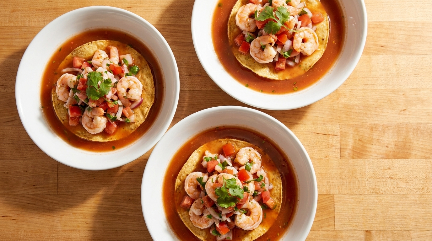 Three bowls of shrimp ceviche tostadas with red sauce and cilantro on a wooden table.
