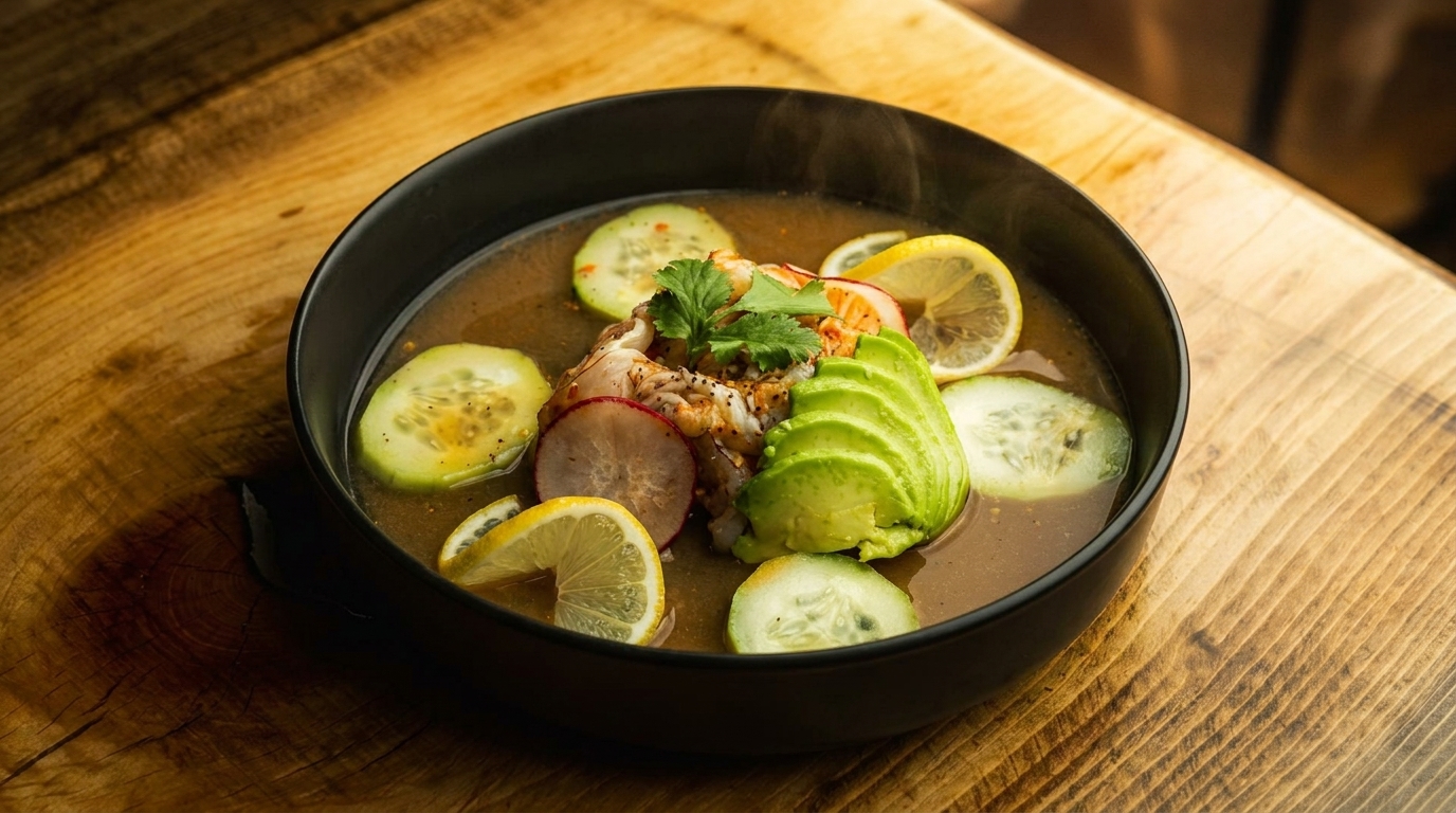 Steaming bowl of seafood soup with avocado, cucumber, radish, and lemon slices on a wooden table.