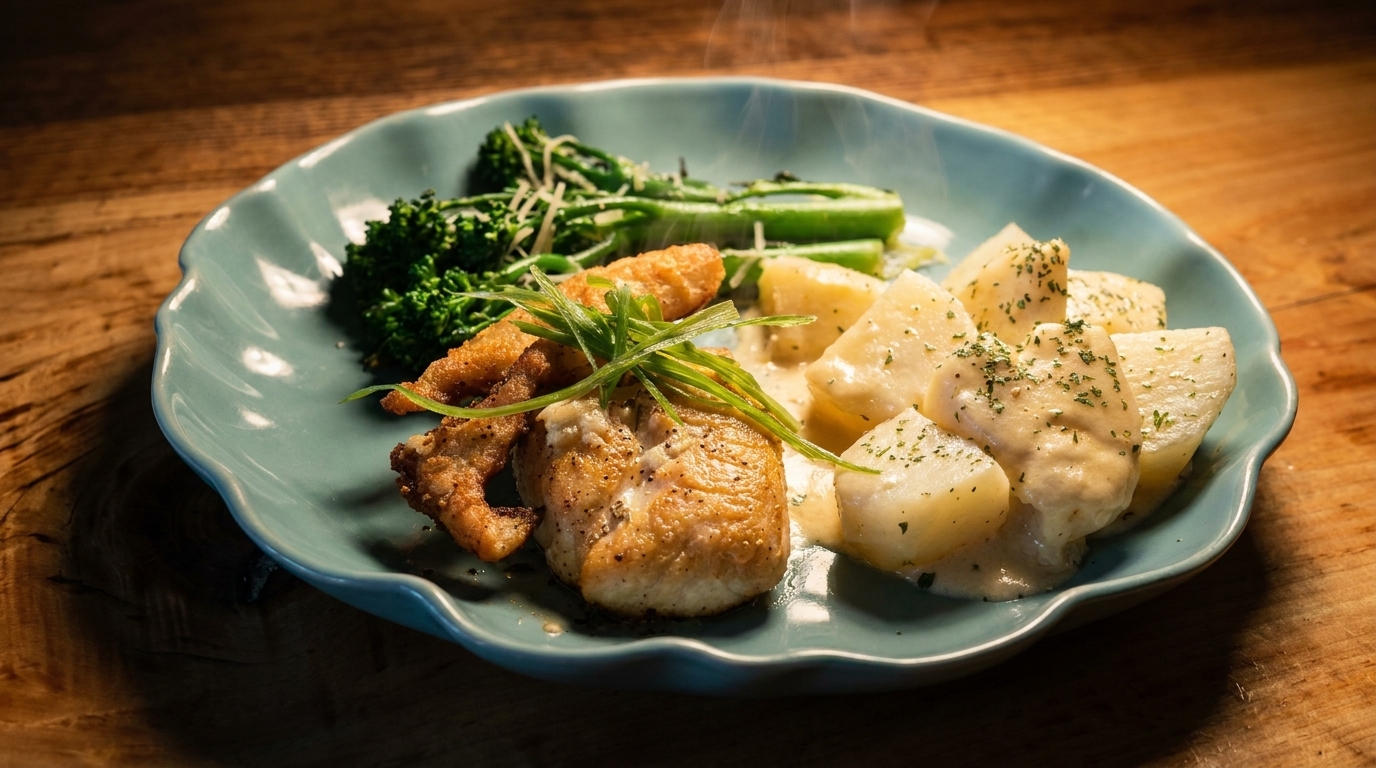Steaming plate of pan-seared fish, crispy fried calamari, roasted potatoes, and broccolini.