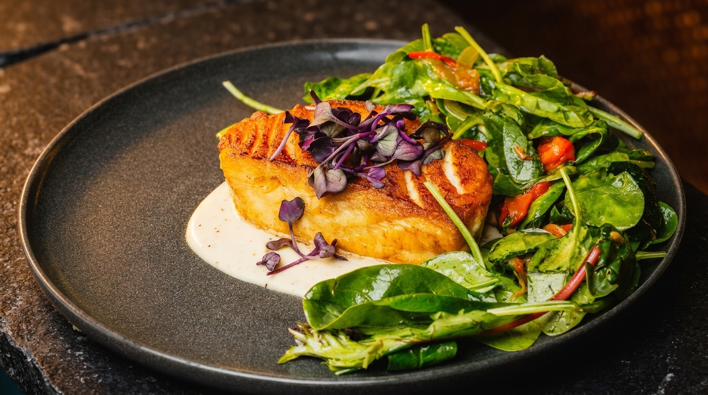 Pan-seared fish fillet with creamy sauce, topped with purple microgreens, alongside a fresh spinach salad.