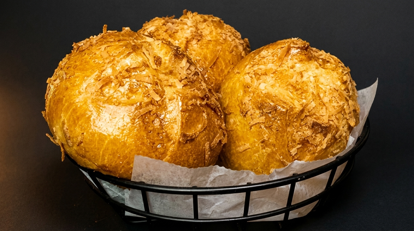 Three golden-brown coconut buns with flaky toppings sit in a black wire basket lined with white paper.
