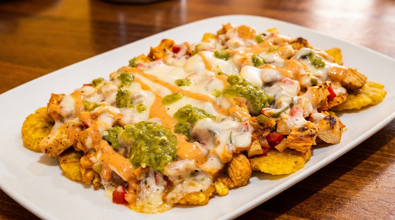 A white plate holds a dish of plantain nachos topped with chicken, melted cheese, green salsa, and pink sauce.