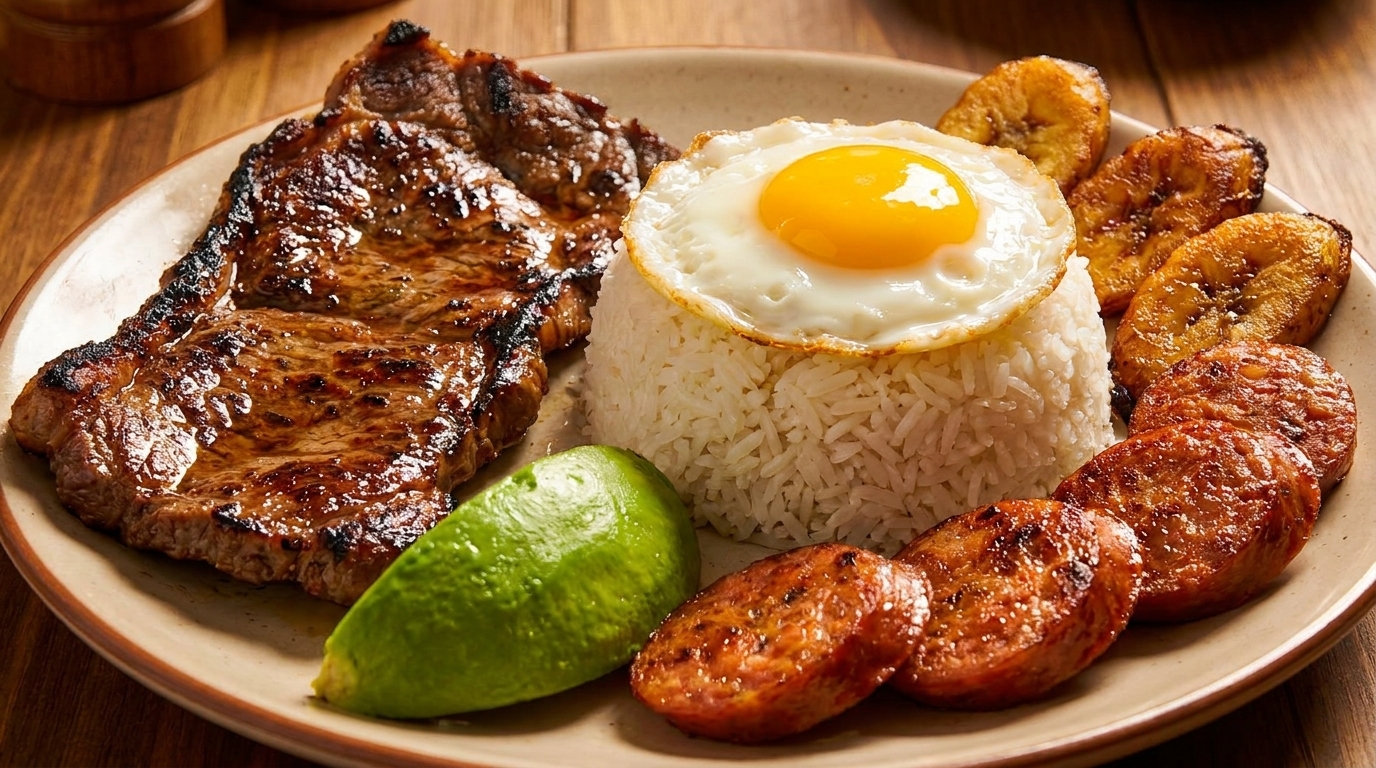 Grilled steak, white rice with a fried egg, plantains, sausage, and lime on a plate.