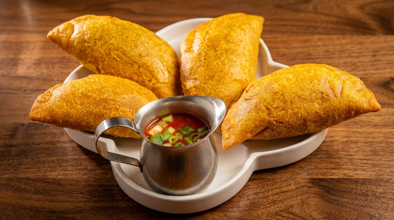 Four golden-brown empanadas on a white plate with a silver pitcher of red sauce and green onions.