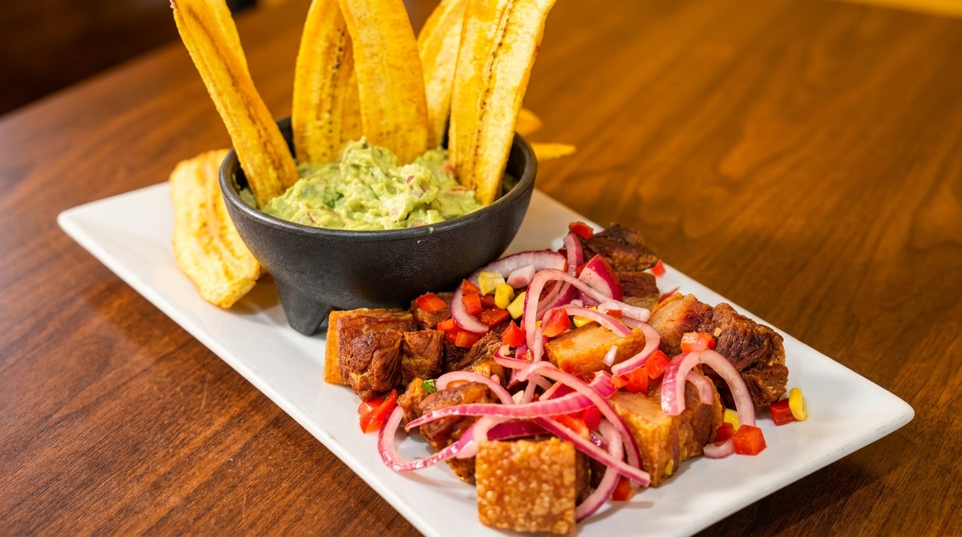 Crispy pork belly with red onion, bell peppers, and a side of guacamole with plantain chips.