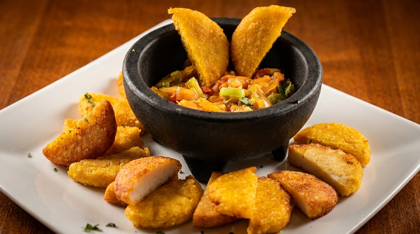 Golden fried empanadas and plantain slices surround a black bowl of colorful stew on a white plate.