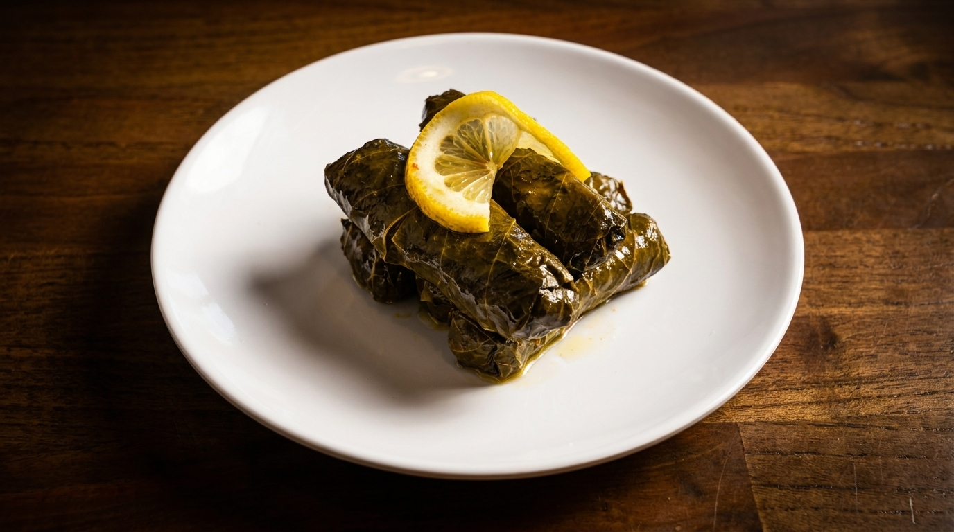 Grape leaves (dolmades) with lemon slices on a white plate, on a wooden table.
