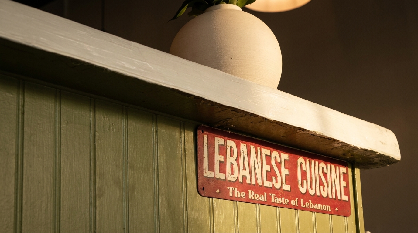 A red sign with "LEBANESE CUISINE" in white hangs on a green wooden wall, with a white vase above.