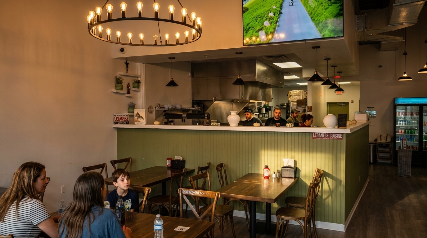 Diners seated at tables in a casual restaurant with an open kitchen and staff behind the counter.