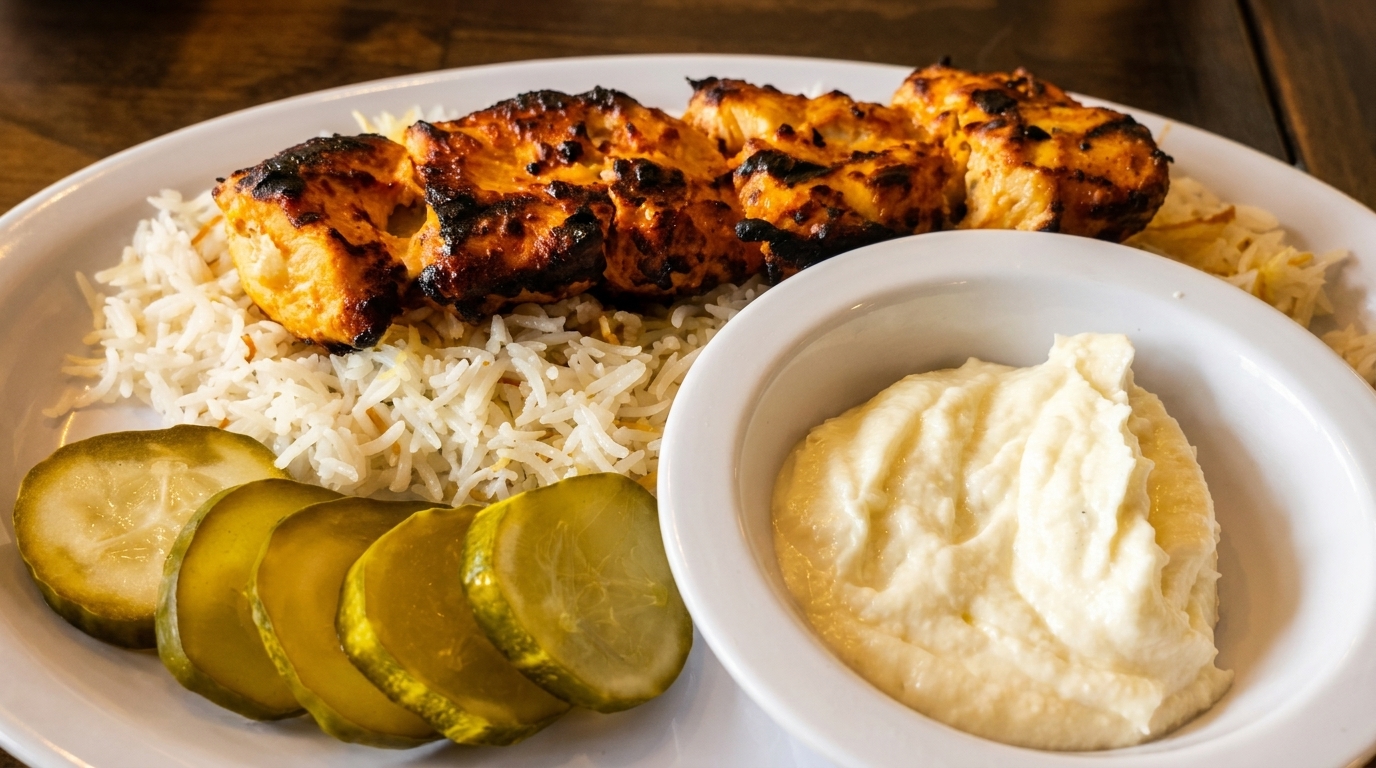 Grilled chicken skewers with rice, sliced pickles, and a side of hummus on a white plate.
