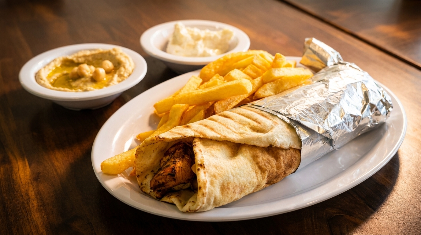 Chicken shawarma wrap with fries, hummus, and garlic sauce on a white plate.