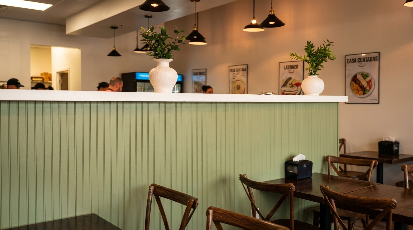 Restaurant interior with a green paneled counter, dark wooden tables, chairs, and pendant lights.