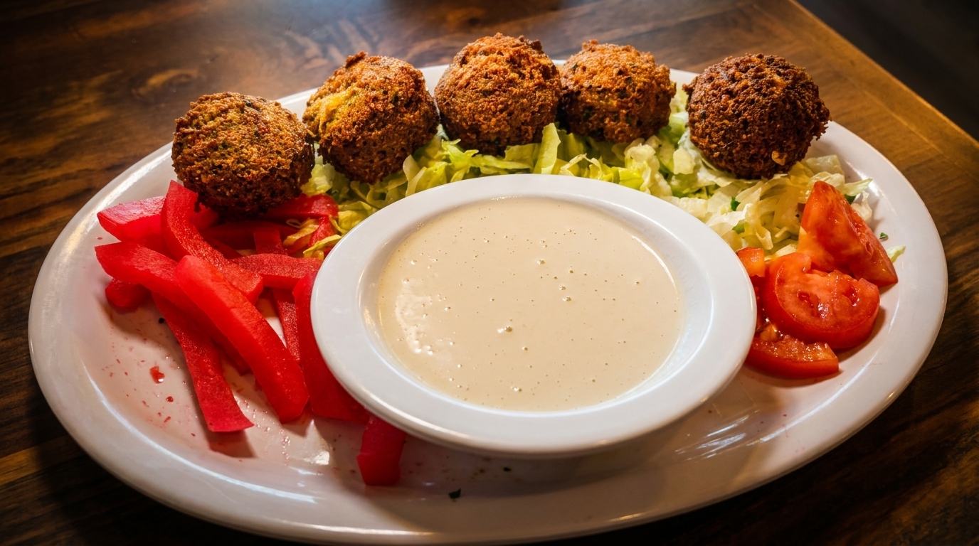 Five falafel balls on a bed of lettuce with red bell peppers, tomatoes, and a bowl of tahini sauce.