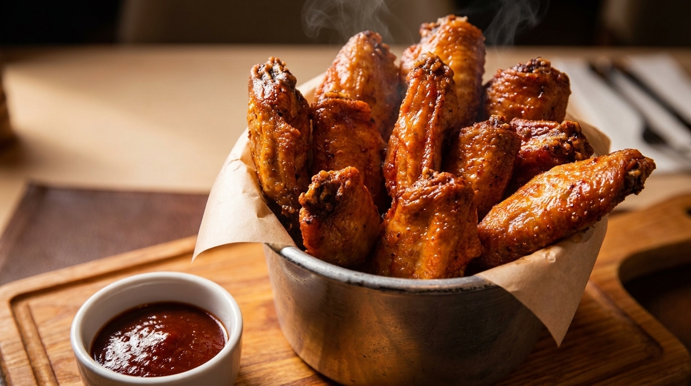 Steaming hot chicken wings in a metal bucket with a side of barbecue sauce on a wooden board.