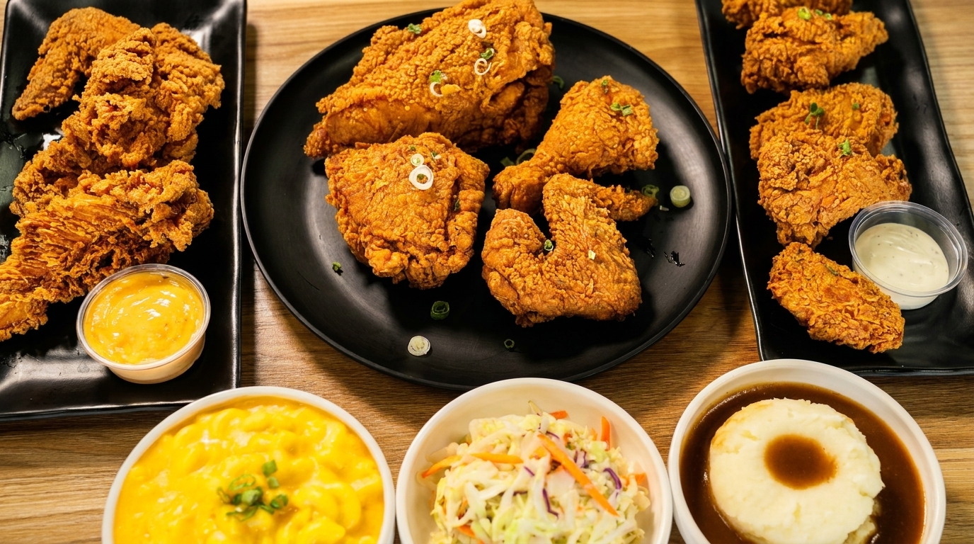 Plates of crispy fried chicken with sides of mac and cheese, coleslaw, and mashed potatoes.