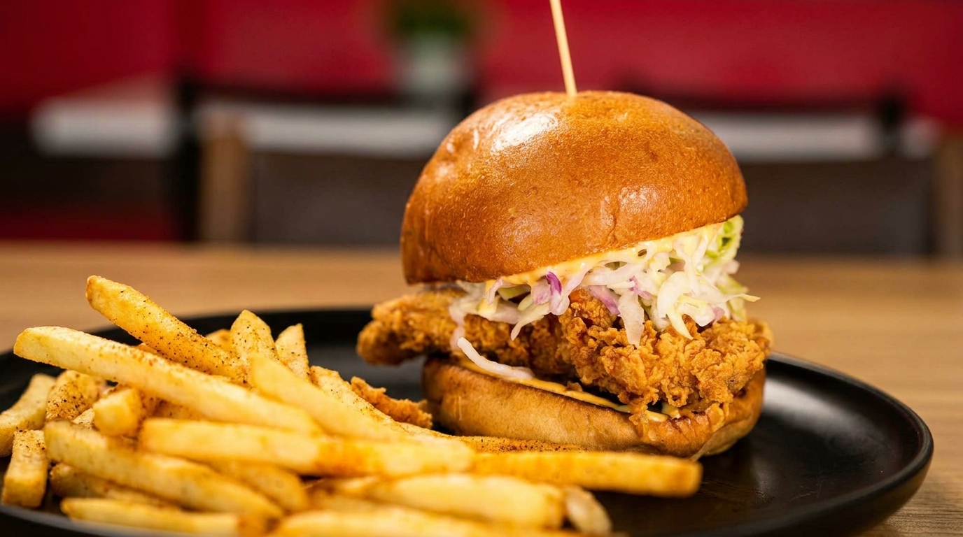 Crispy fried chicken sandwich with coleslaw and a side of seasoned french fries on a black plate.