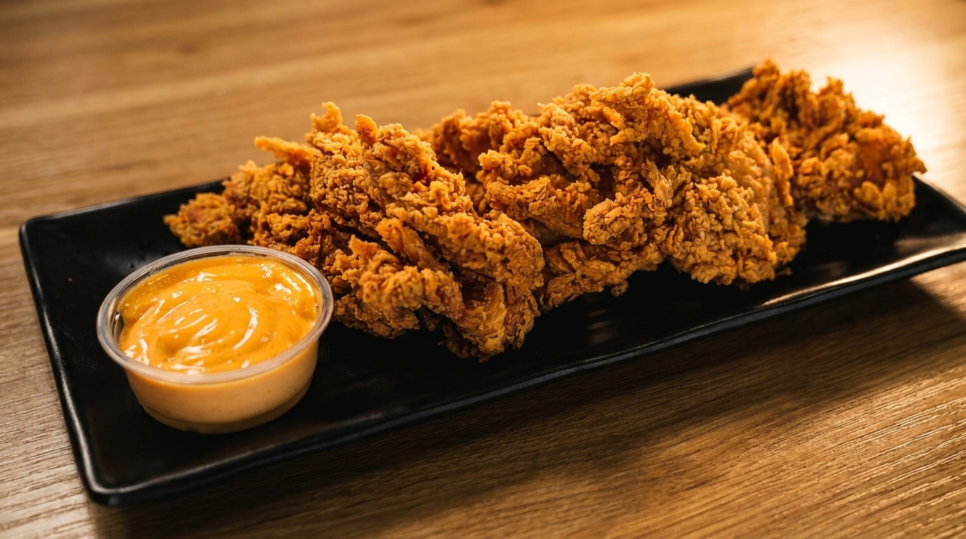 Crispy fried chicken tenders on a black plate with a side of orange dipping sauce.