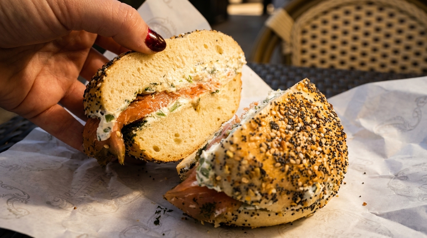 Hand holding a sliced everything bagel with lox and cream cheese on parchment paper.