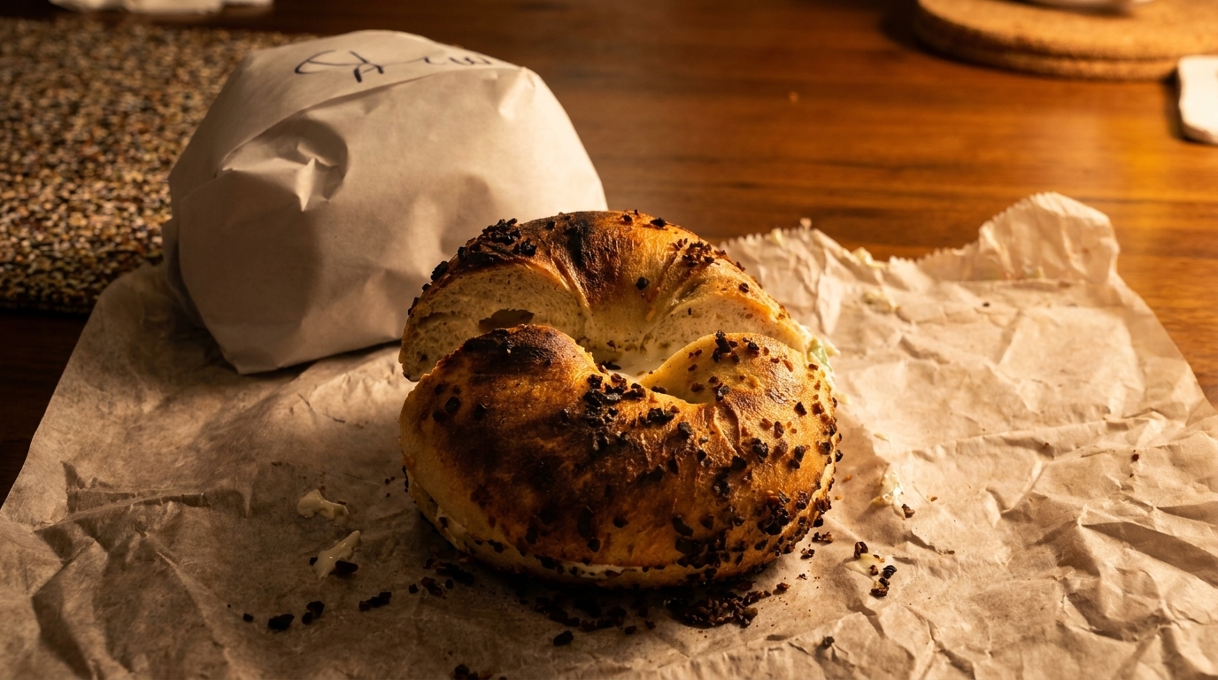 A toasted bagel with cream cheese and seasoning sits on crumpled parchment paper next to a wrapped bagel.
