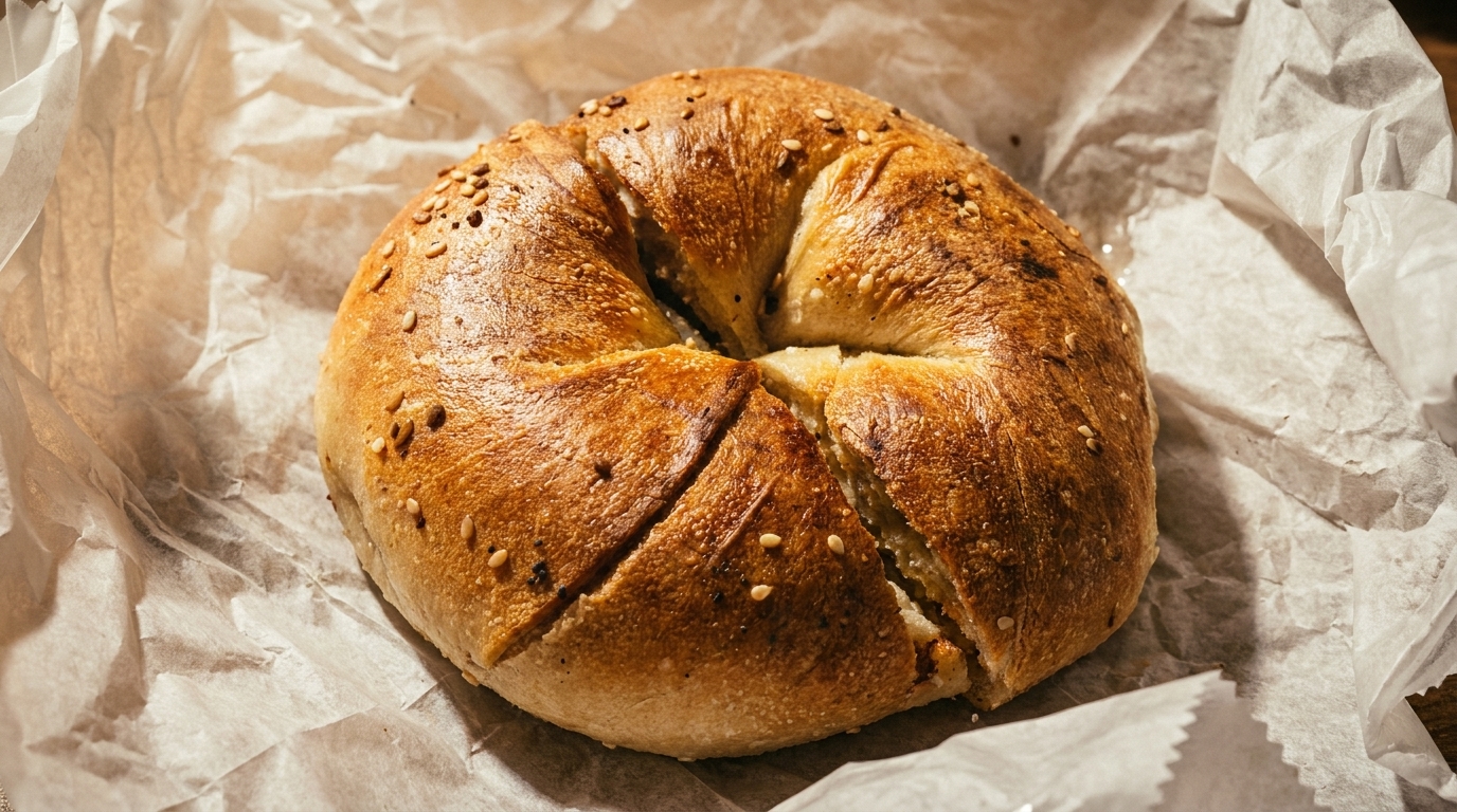 Freshly baked, golden-brown bagel with sesame seeds, sliced into wedges, on crumpled parchment paper.