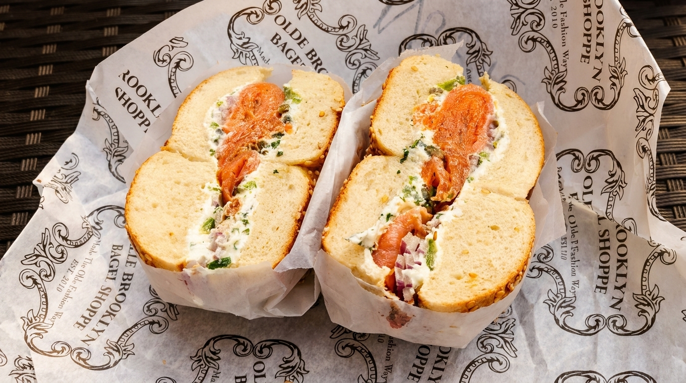 Two Olde Brooklyn Bagel Shoppe bagels with lox, cream cheese, capers, and red onion.