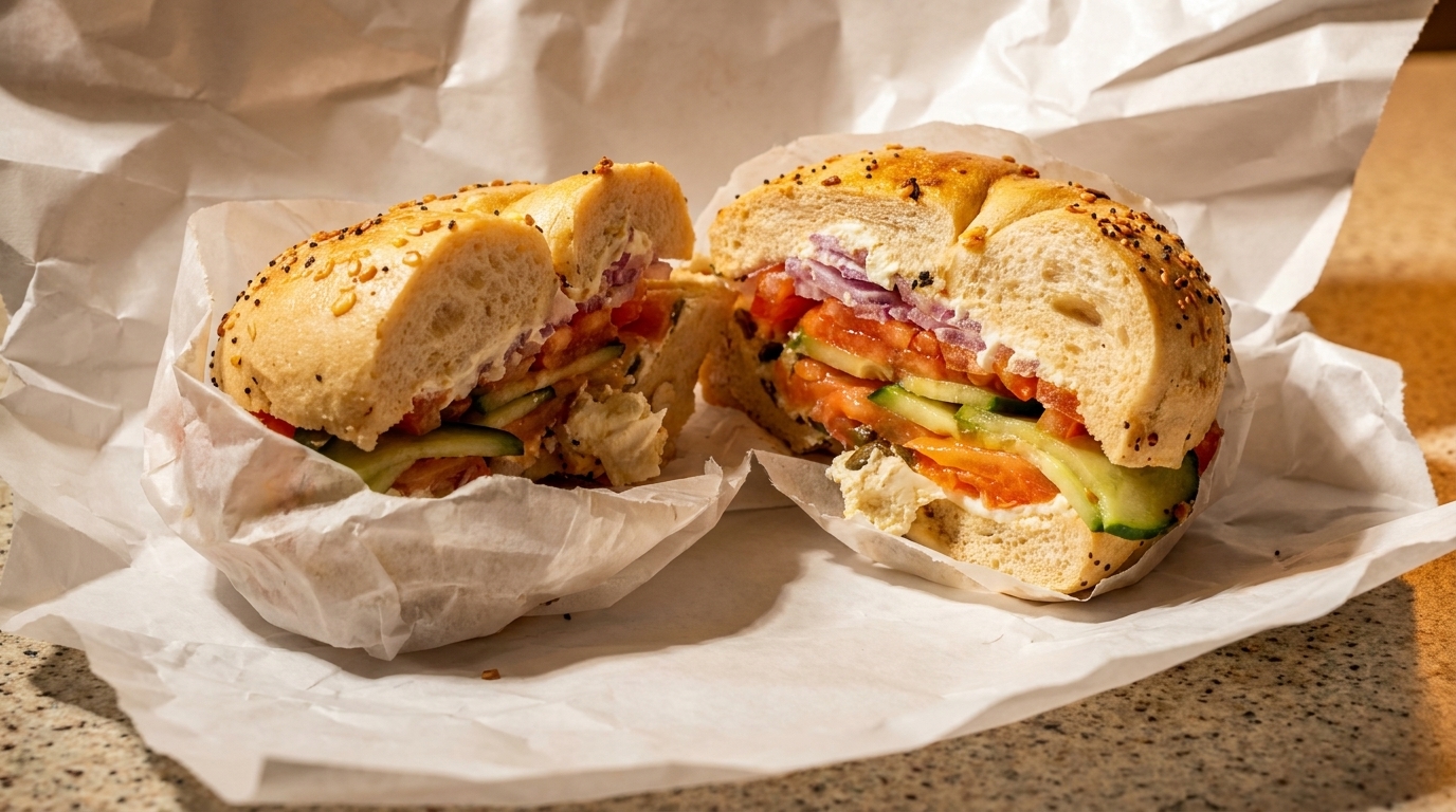 A bagel sandwich cut in half, filled with cream cheese, salmon, cucumbers, tomatoes, and red onions.
