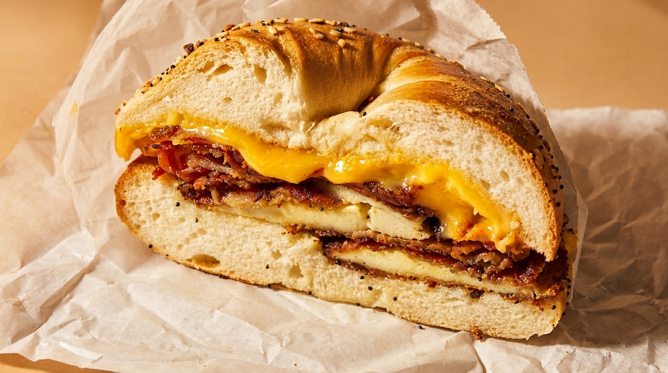 Close-up of a bagel sandwich with bacon, egg, and melted cheese on crumpled white paper.