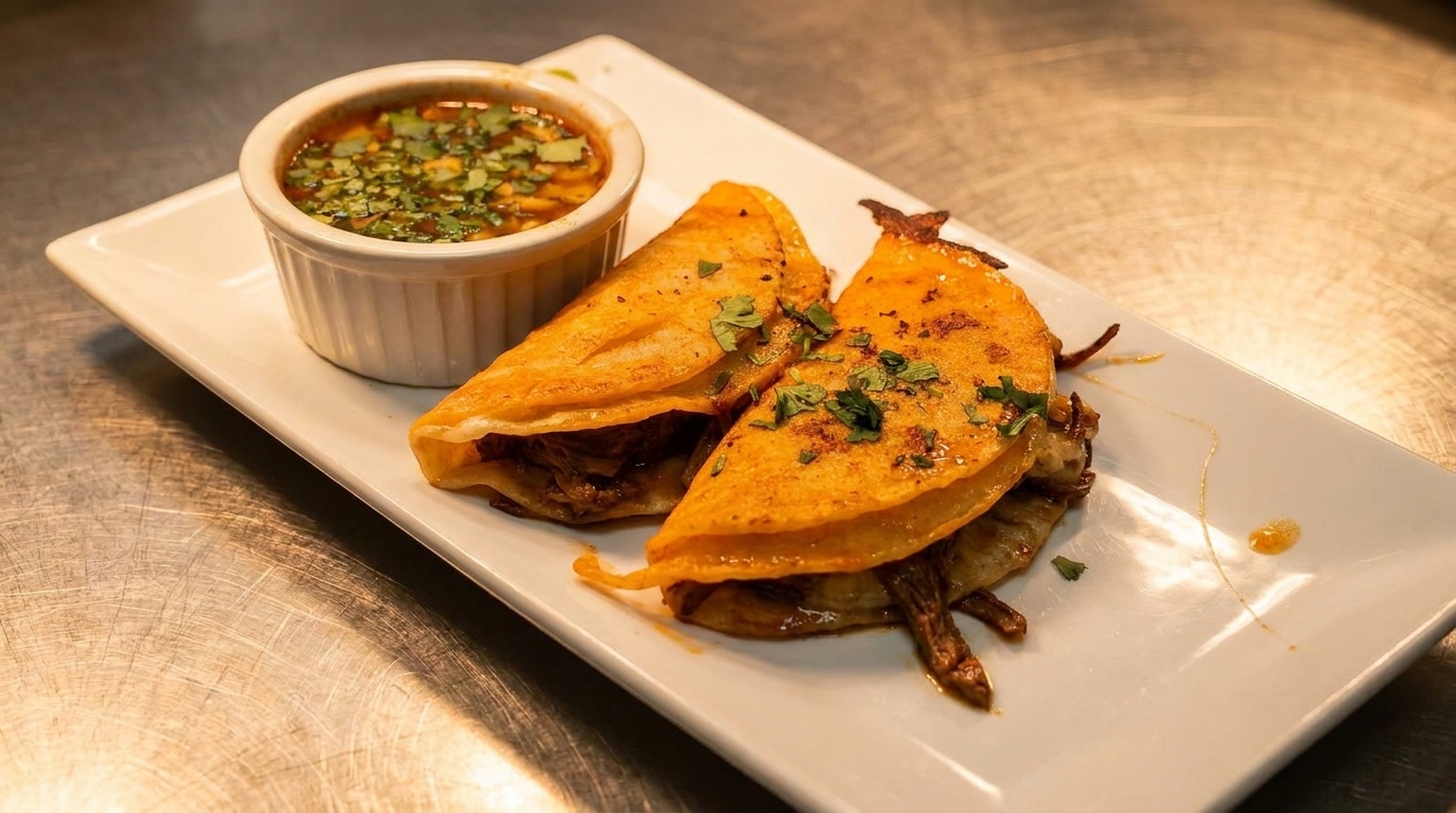 Two golden-brown birria tacos with cilantro and a side of consommé on a white rectangular plate.