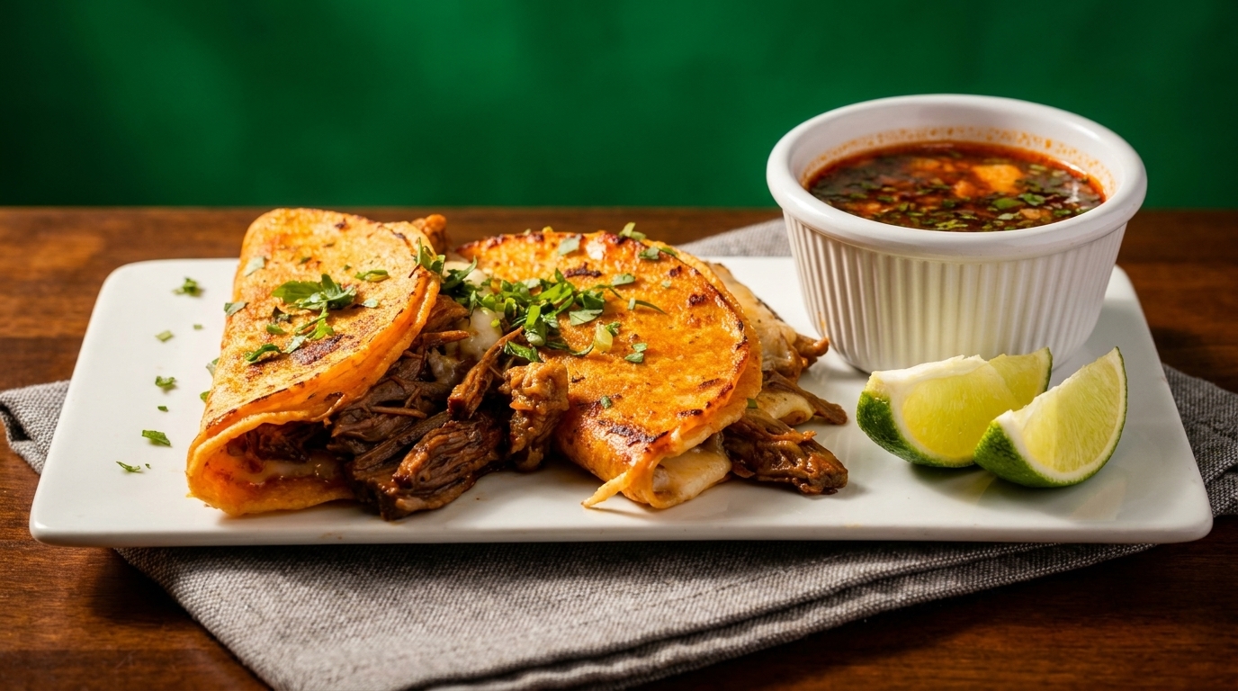Three birria tacos with cilantro, a side of consommé, and two lime wedges on a white plate.