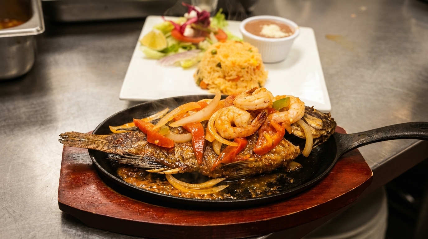 Steaming whole fish with shrimp, peppers, and onions in a skillet, with rice and beans.