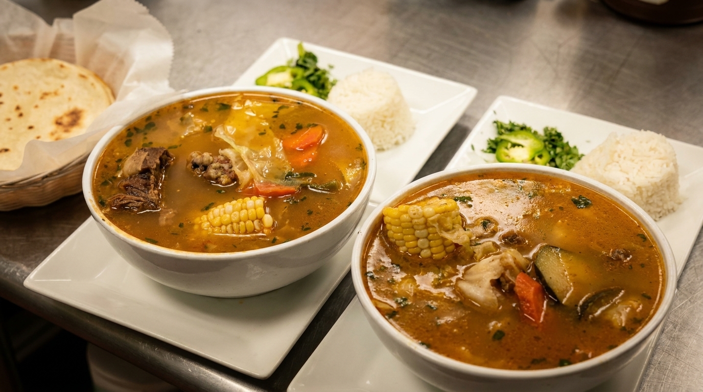 Two bowls of hearty beef and vegetable soup with corn, served with rice and tortillas.