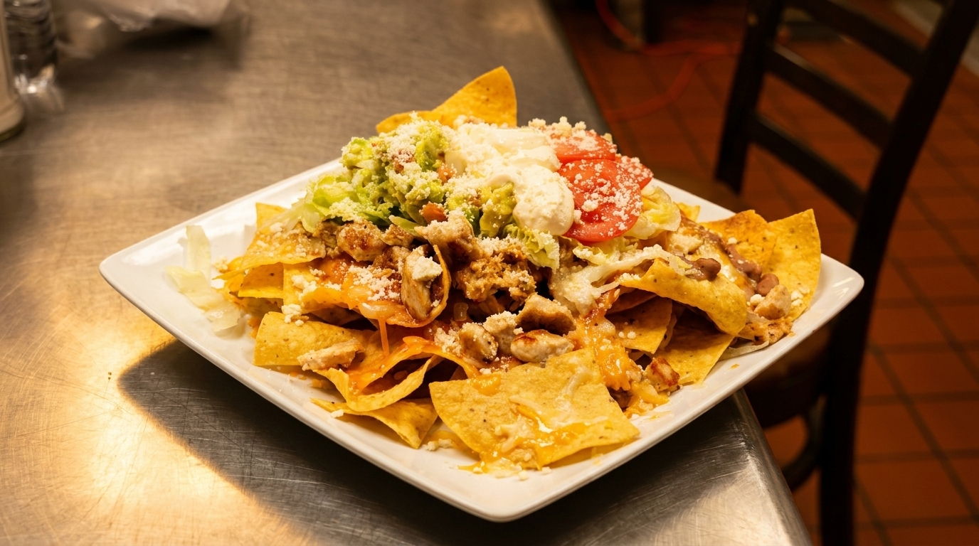 A plate of chicken nachos topped with guacamole, sour cream, tomatoes, and cheese.