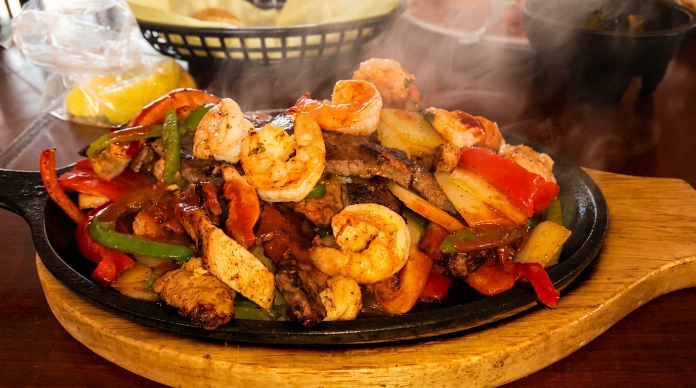 Sizzling fajitas with shrimp, steak, chicken, and colorful peppers on a cast iron skillet.