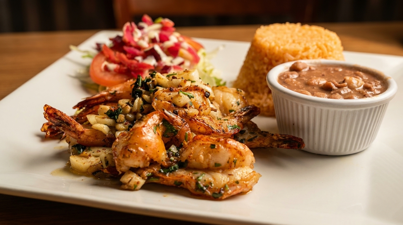 Grilled shrimp with rice, refried beans, and a fresh salad on a white plate.
