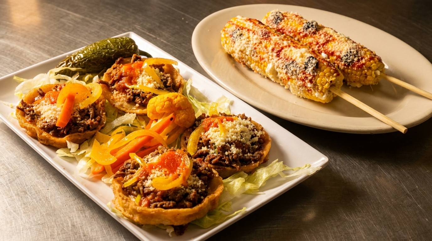 Savory sopes with meat and cheese, alongside two elotes on a plate.