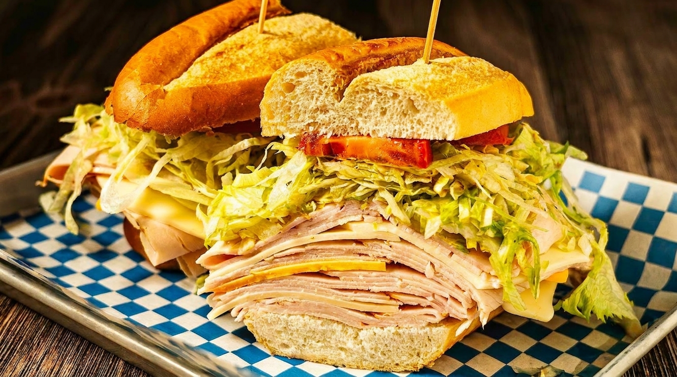 A large deli sandwich with turkey, ham, cheese, lettuce, and tomato on a toasted sub roll.
