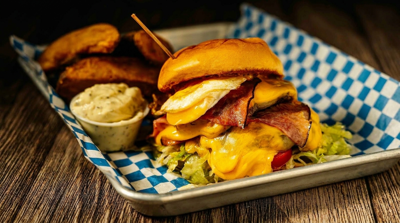 A loaded burger with melted cheese, bacon, and a fried egg, served with potato wedges and dip.